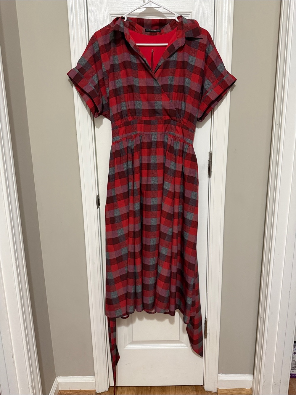 eshakti Red and Gray Plaid Midi Dress